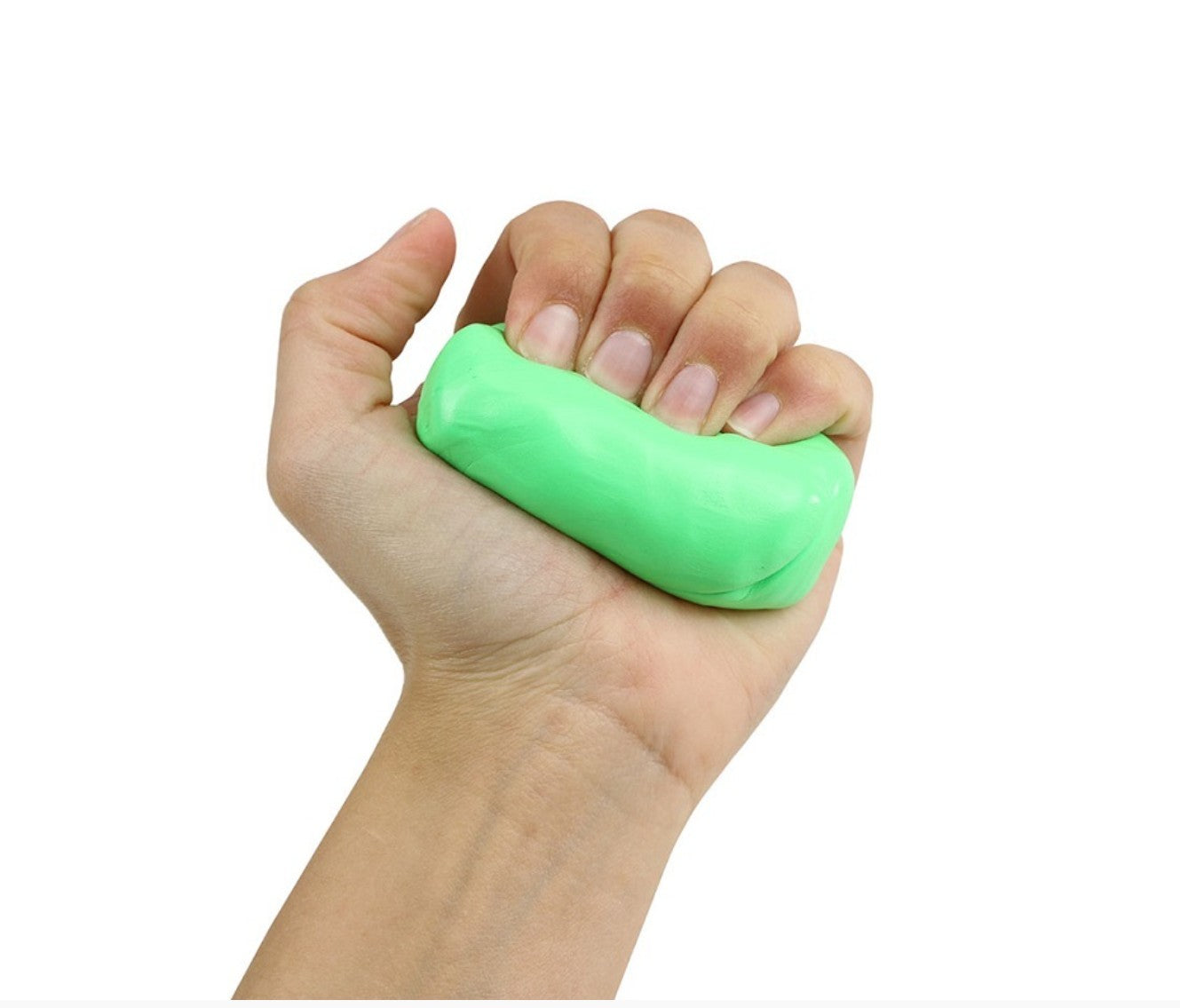 Hand squeezing green CanDo Theraputty – ideal for improving finger mobility and hand coordination during rehab exercises