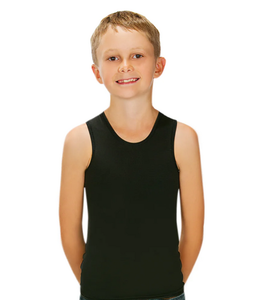 Boy wearing CalmCare black sensory singlet – ideal for under school uniforms or daily wear, providing calming sensory input (NDIS-related support possible)
