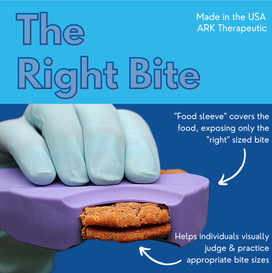 ARK The Right Bite tool in use – visual aid for feeding therapy to support independence and safe chewing in NDIS-funded speech and OT programs