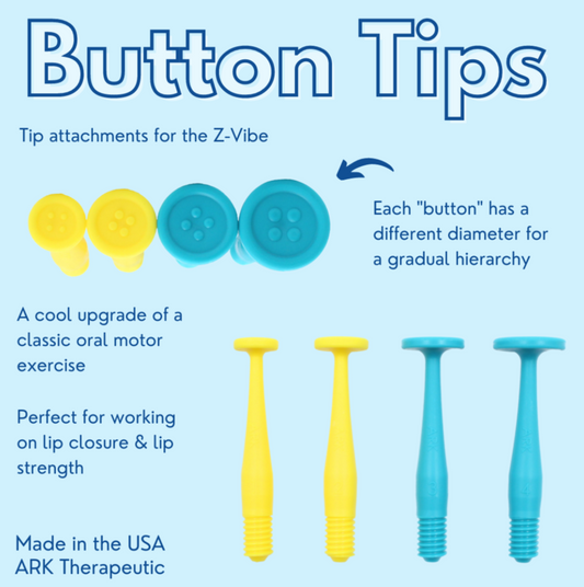 Button Tips therapy tool chart with sizes and usage instructions – suitable for NDIS-funded oral motor programs.