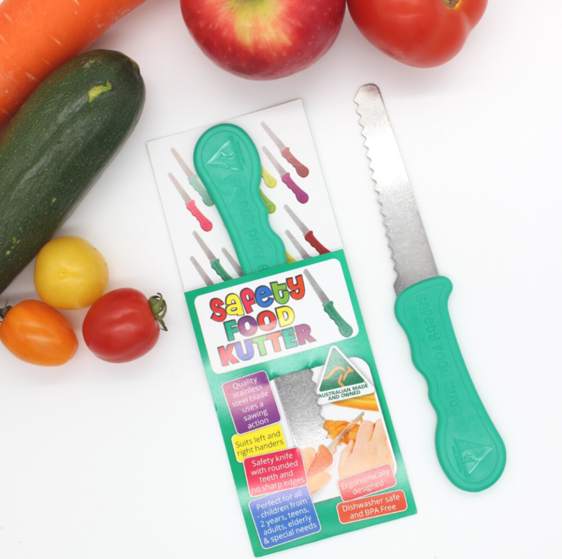 Children’s food-safe knife set in multiple colours with BPA-free packaging – supports independence and NDIS-aligned fine motor goals