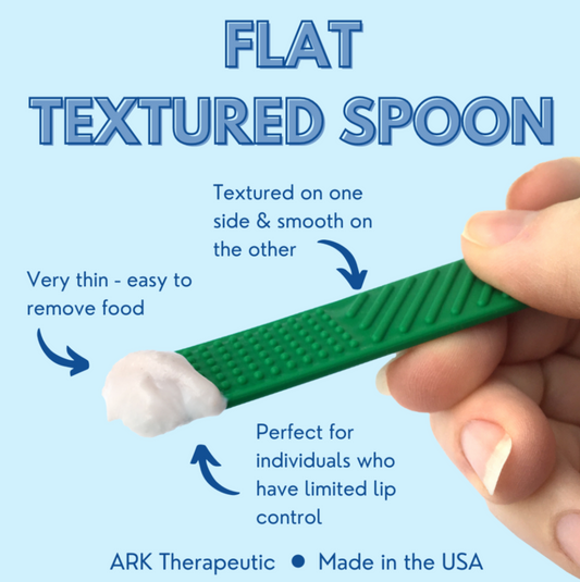 ARK Flat Textured Spoon diagram showing texture types and usage tips. Suitable for NDIS funding.