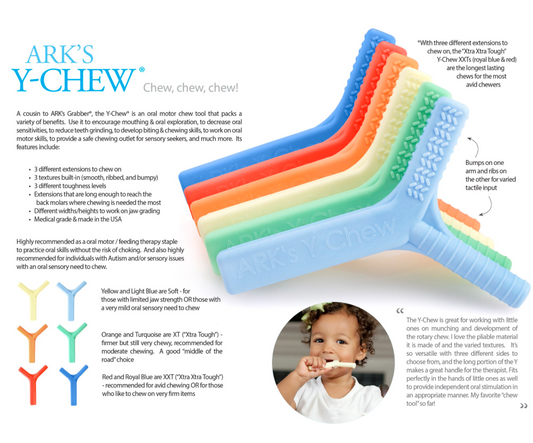 ARK Y-Chew visual guide showing three chew levels and functions – may be NDIS approved therapy support tool.