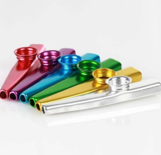 Assorted metallic kids' kazoos in various colours – fun and engaging wind instrument for sensory play and emotional regulation; potentially NDIS-funded