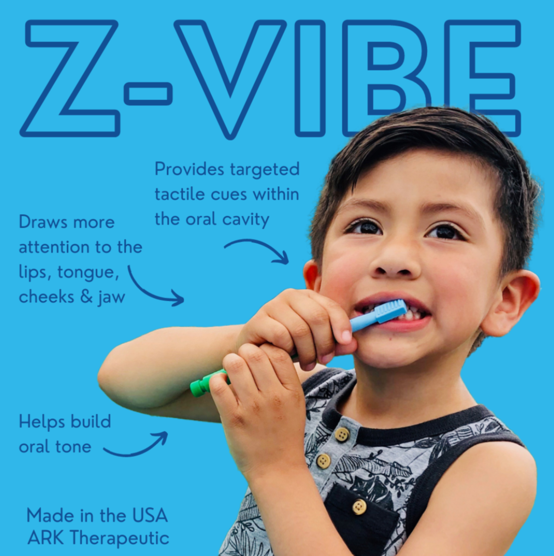Child using the ARK Z-Vibe to stimulate oral motor muscles for speech and sensory development