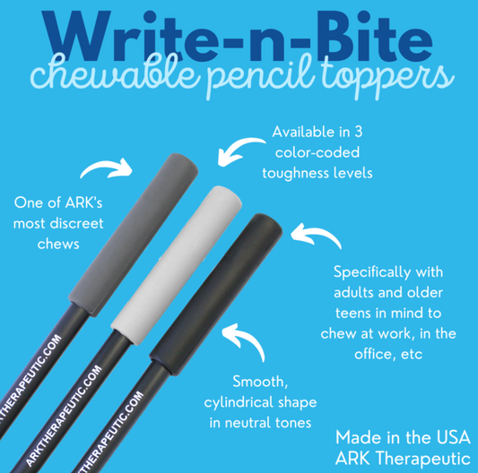 Informational image showing ARK’s Write-n-Bite chewable pencil toppers – features, benefits, and textures. NDIS-eligible product