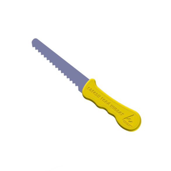 Children’s safety food cutter with rounded stainless steel blade and yellow handle – ideal for learning to cut safely and potentially NDIS-funded