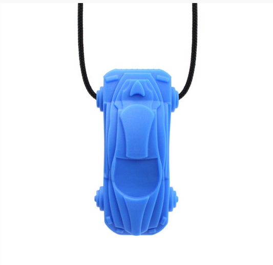 Blue ARK Race Car Chew Necklace – medium firm sensory chew pendant supporting focus and regulation, potentially eligible under NDIS sensory tools