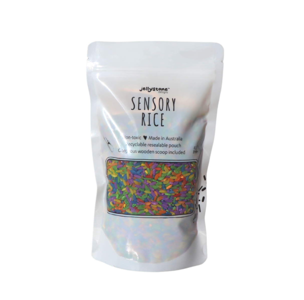 300g pouch of pastel sensory rice with eco-friendly label, non-toxic and suitable for play-based therapy and potentially NDIS-funded support