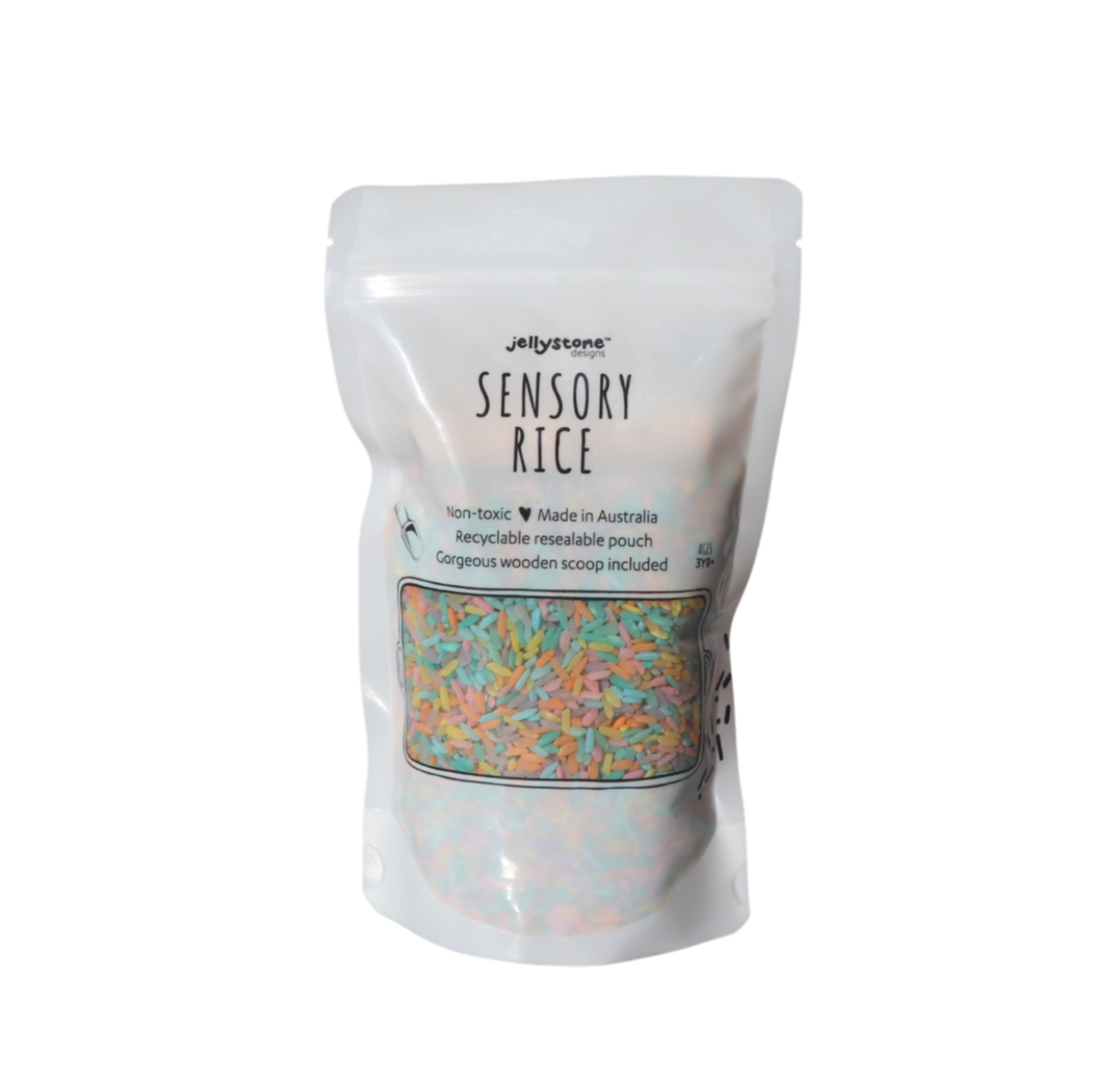 Resealable pouch of handmade rainbow sensory rice with label, ideal for fine motor skills, sensory play, and potentially NDIS-funded activities