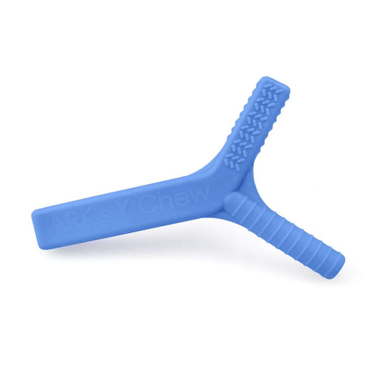 royal blue ARK Y chew. Chew tool for sensory needs. May be funded by the NDIS.