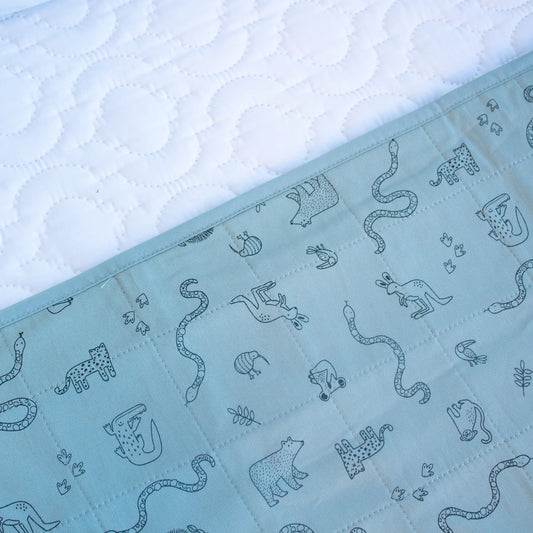 Light blue quilt with animal pattern on a textured white background. Bedwetting Brolly Sheets - Animal Kingdom