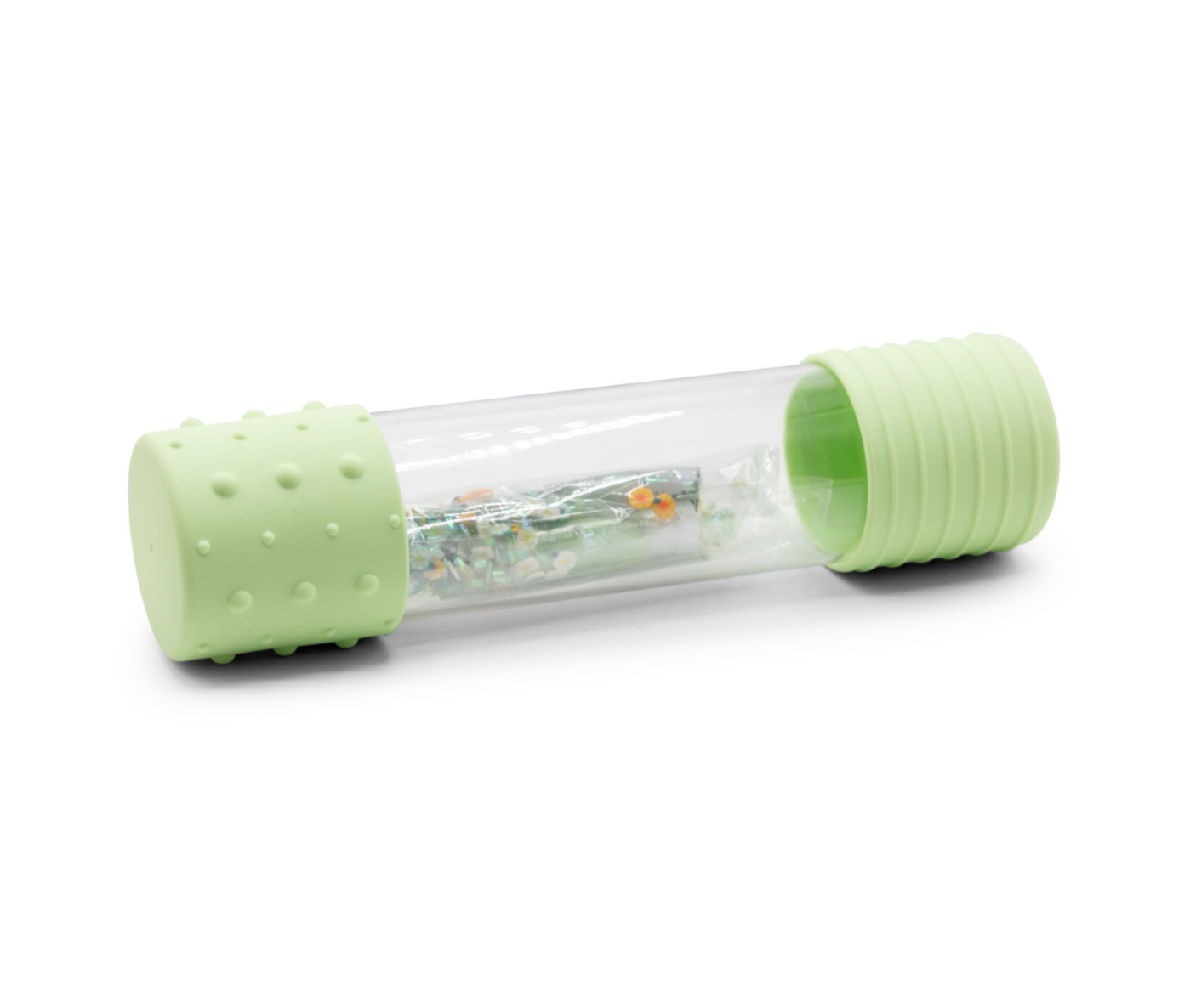 Close-up of DIY Calm Down Bottle with green silicone caps – reusable sensory bottle for calming and focus