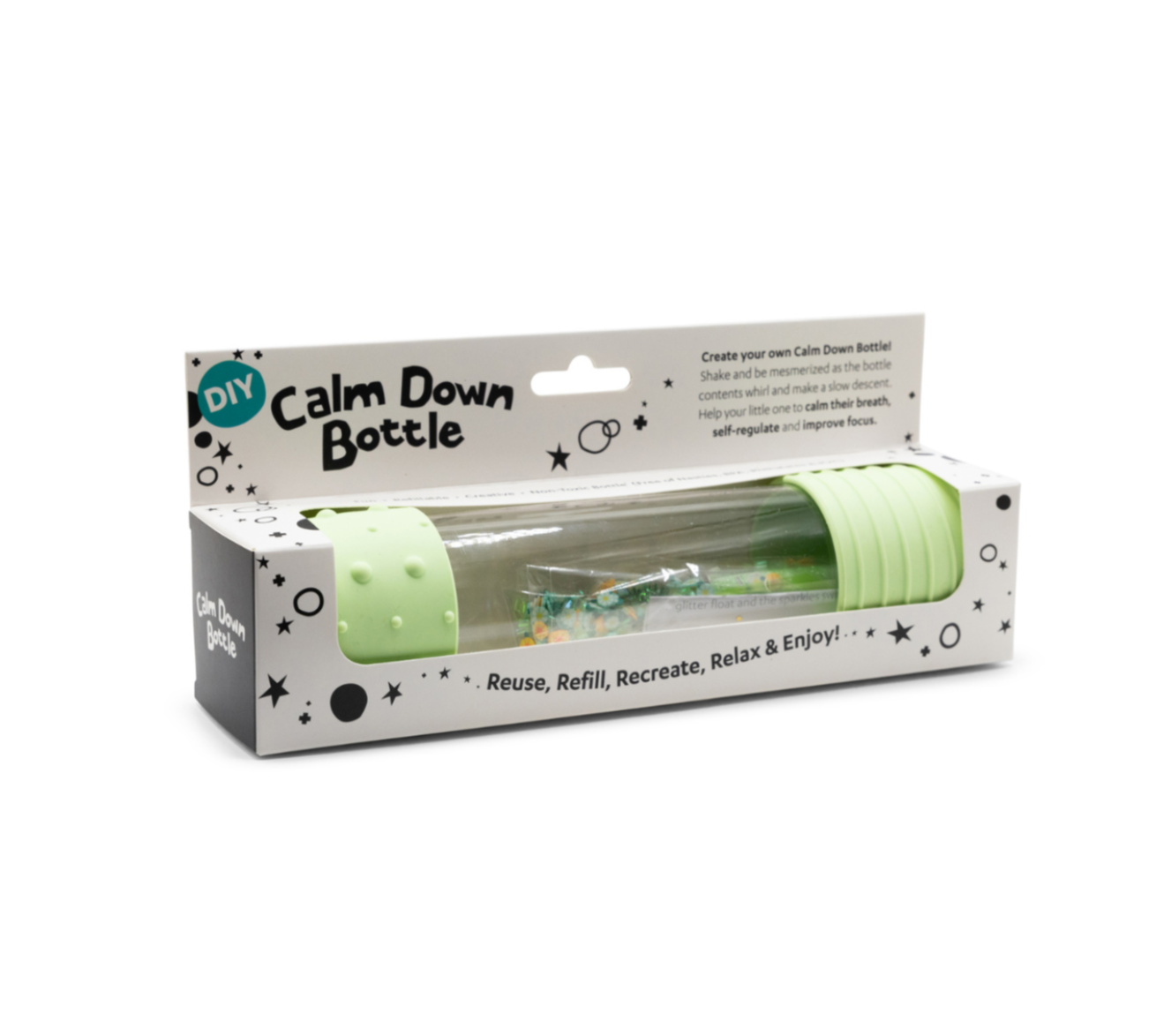 DIY Calm Down Bottle in retail packaging – sensory regulation tool for kids, featuring refillable components and green silicone caps