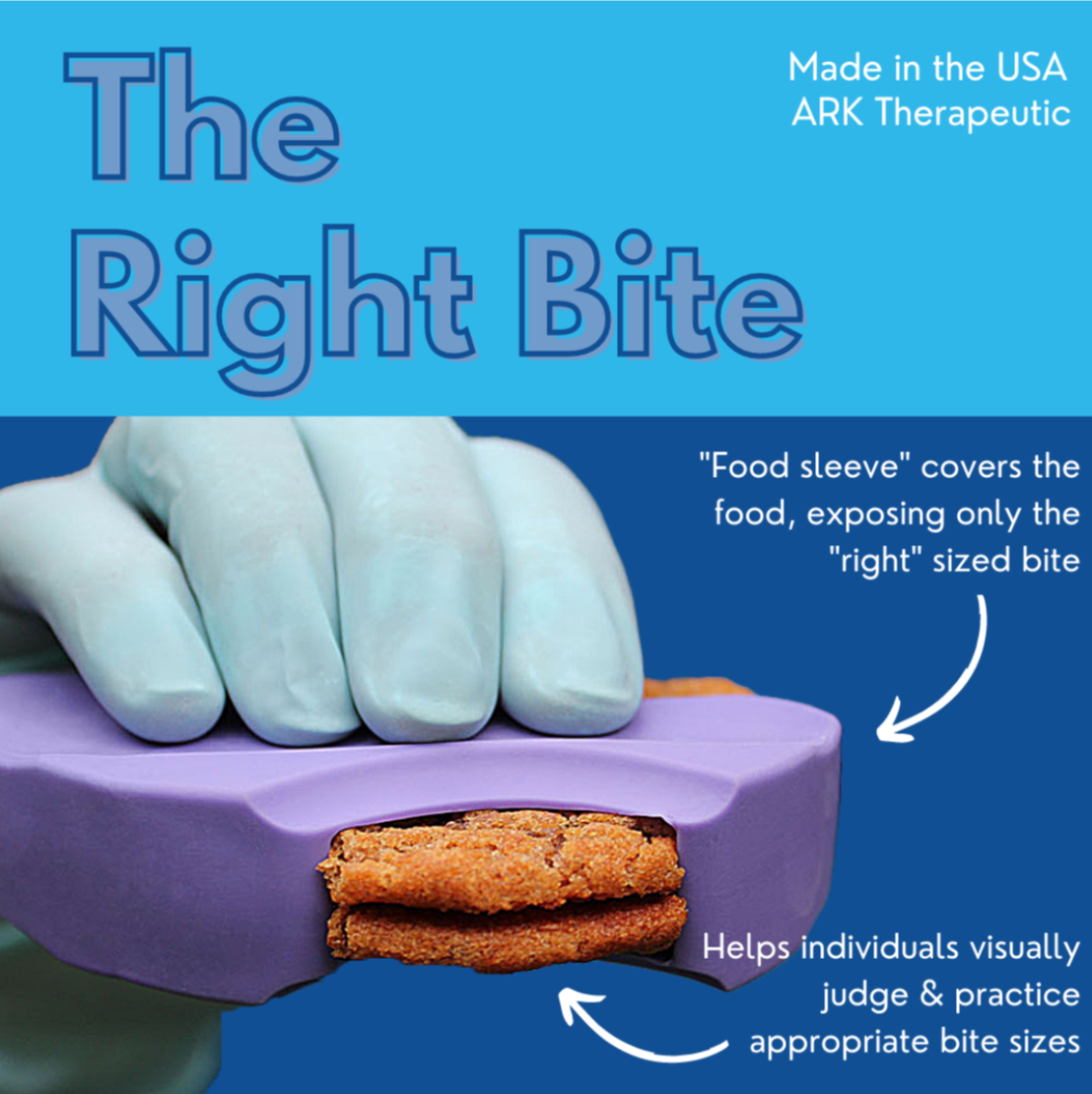 ARK The Right Bite tool in use – visual aid for feeding therapy to support independence and safe chewing in NDIS-funded speech and OT programs