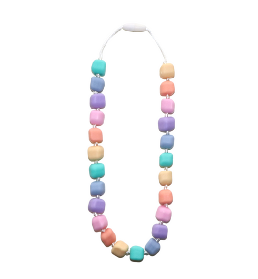 Princess and the Pea sensory chew necklace with pastel silicone beads – wearable oral motor tool for fidgeting and chewing, potentially NDIS-funded