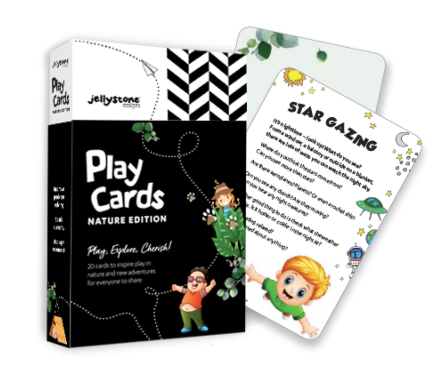 Nature Play Cards spread out showing activity prompts – resilience-building outdoor tool for families and educators