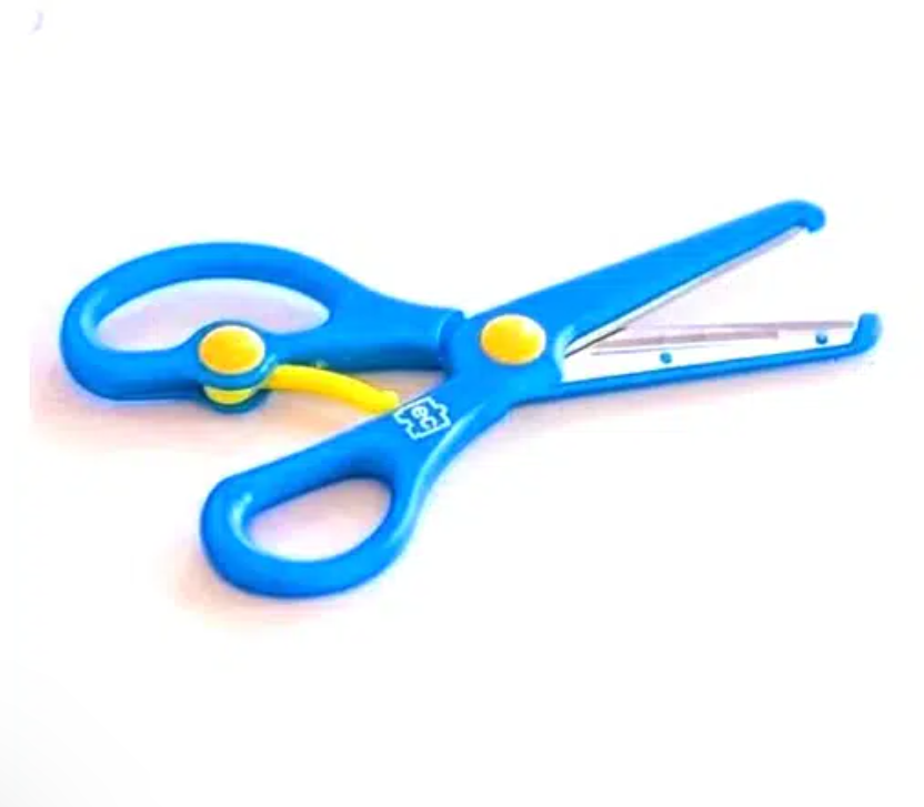 Blue kids’ safety scissors with spring mechanism and blunt tip – designed for beginner cutting skills, suitable for left and right-handers; potentially NDIS-funded