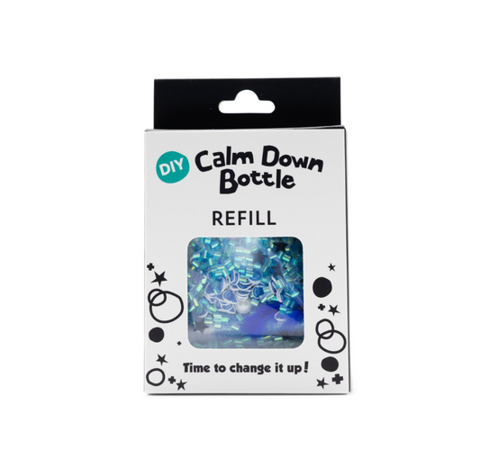 Packaging of Calm Down Bottle Refill Kit featuring themed glitter and craft items for sensory play and emotional regulation
