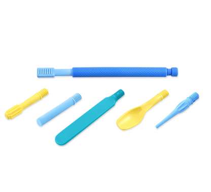 ARK Z-Vibe Travel Kit with royal blue handle, five oral motor tips in assorted colors, and a compact travel case for therapy on the go
