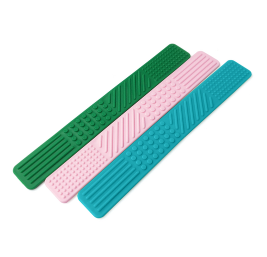 ARK Flat Textured Spoons in green, pink, and teal – 3-pack of feeding therapy tools for sensory oral input. NDIS-eligible.