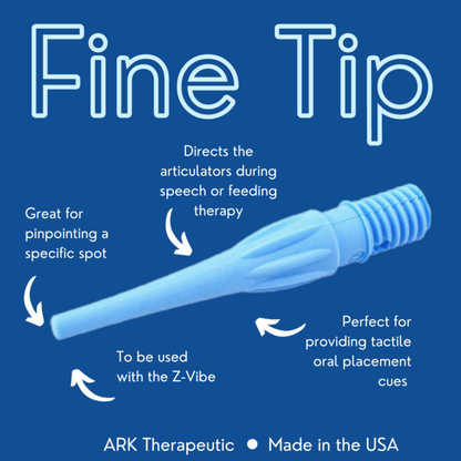 ARK Fine Tip usage diagram showing oral placement cues for speech therapy. NDIS-approved therapy accessory.