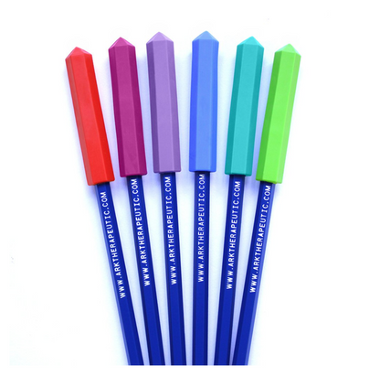ARK Write-n-Bite chewable pen toppers in assorted colours with black ink pens – discreet sensory tools may be eligible for NDIS funding.