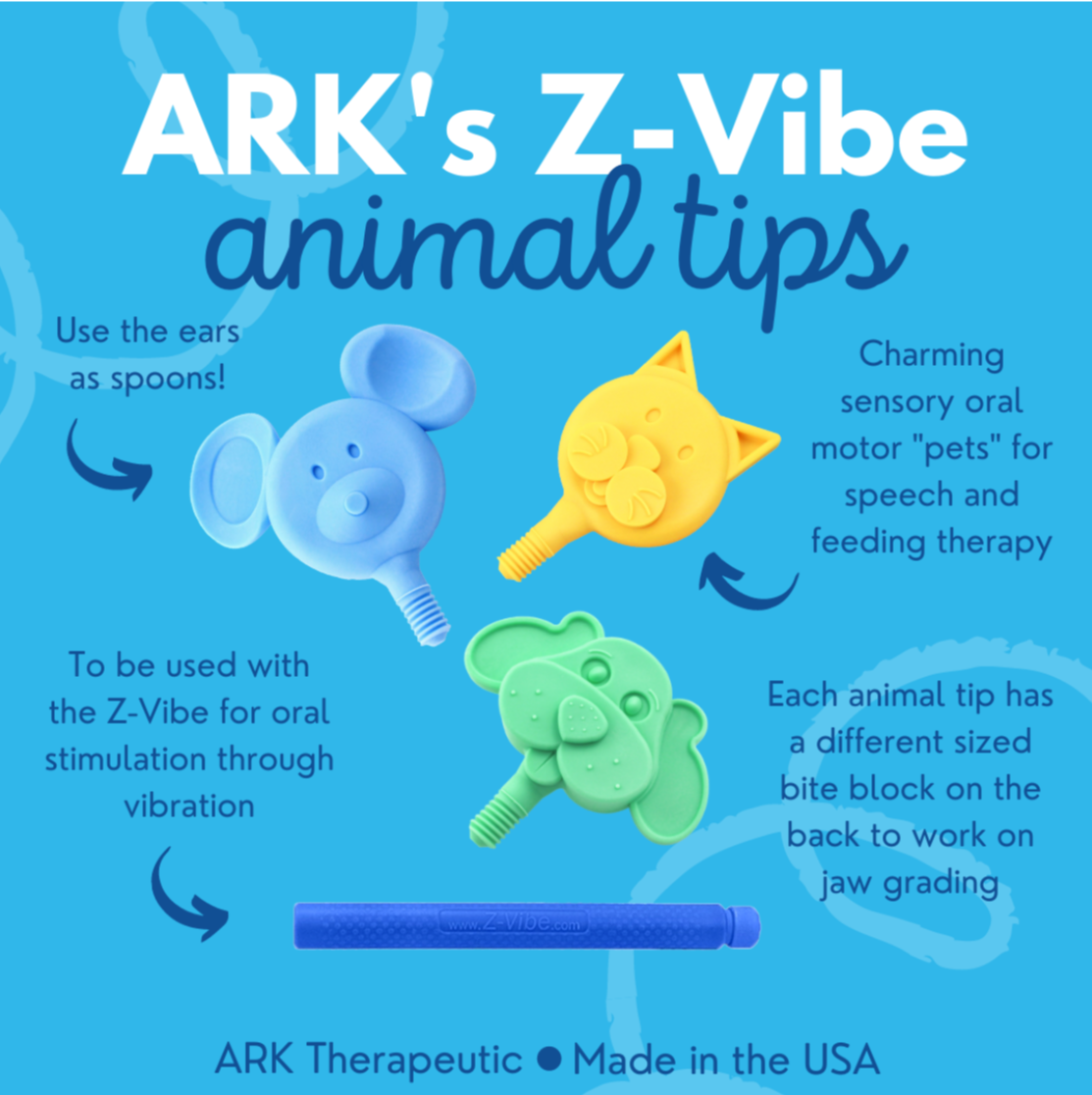ARK Z-Vibe Animal Tips packaging – playful NDIS-eligible therapy attachments for feeding and speech.