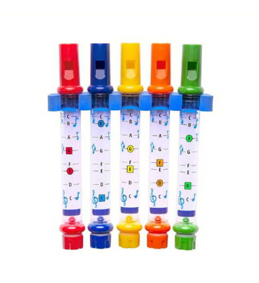 Colourful water flutes set – musical sensory toy teaching pitch and sound exploration through water play, suitable for NDIS early childhood supports