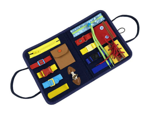 Montessori Activity Sensory Board – colourful hands-on learning board with buttons, zippers, laces, and toggles designed to support fine motor development and life skills in young children; potentially NDIS-funded