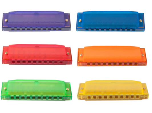 Brightly coloured plastic harmonicas for kids – supports breath control, oral motor strength, and musical exploration; potentially NDIS-funded