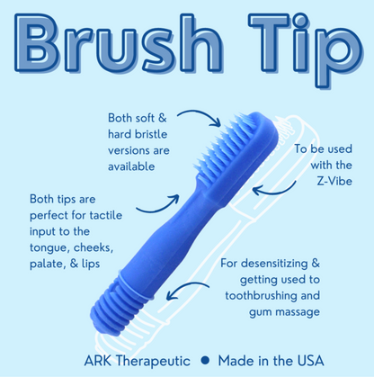 Feature diagram of the ARK Soft Brush Tip for Z-Vibe, showing sensory-friendly bristles and uses. NDIS-eligible oral motor tool.