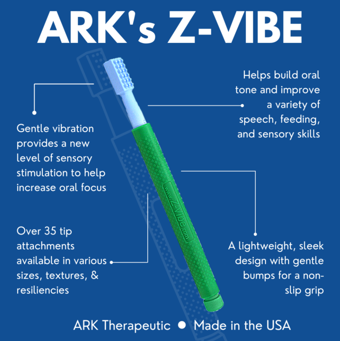 Diagram explaining ARK Z-Vibe features and uses, including tactile input zones and vibration benefits for oral motor development