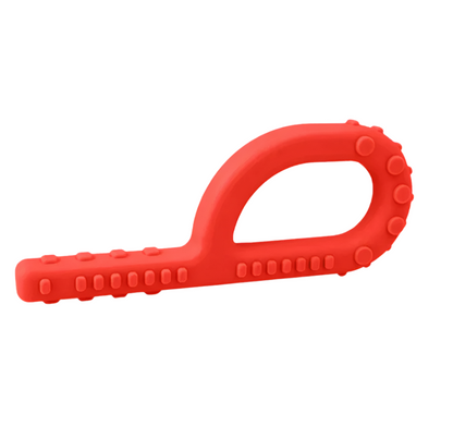 ARK Textured Grabber in red, showing P-shaped oral motor tool with textured chewing surfaces for jaw strength and sensory input