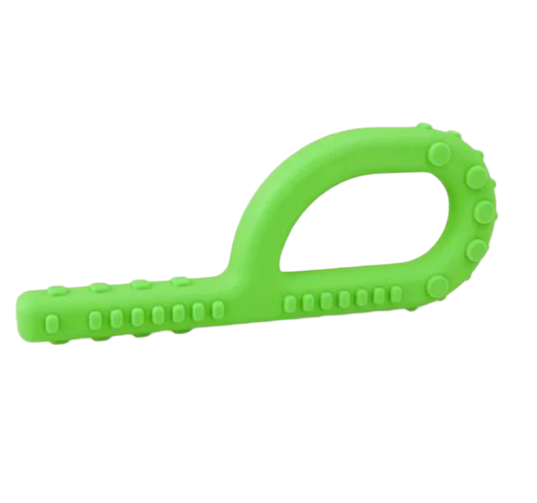 ARK Textured Grabber in green, featuring smooth, circular, and rectangular bumpy textures for oral motor therapy and chewing practice