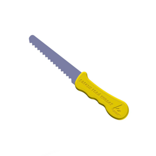 Children’s safety food cutter with rounded stainless steel blade and yellow handle – ideal for learning to cut safely and potentially NDIS-funded