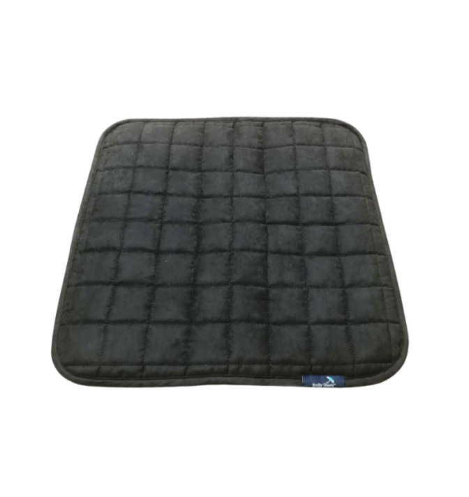 Black quilted seat pad with a brand logo on a light gray background. Brolly sheets Waterproof Chair Pad.