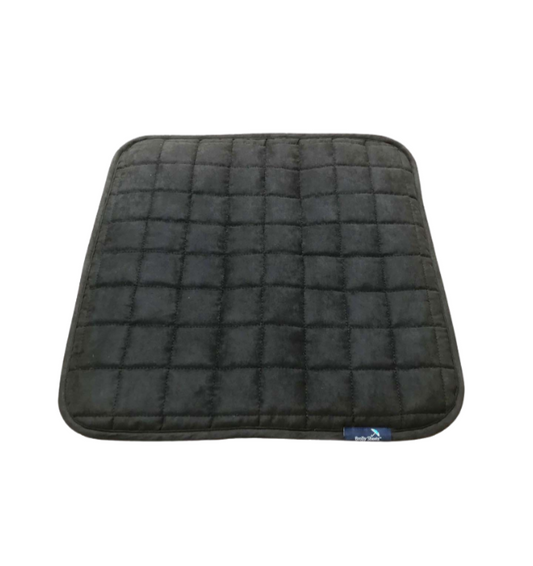 Black quilted seat pad with a brand logo on a light gray background. Brolly sheets Waterproof Chair Pad.